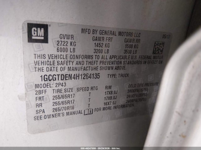 46247899 :رقم المزاد ، 1GCGTDEN4H1264135 vin ، 2017 Chevrolet Colorado Z71 مزاد بيع