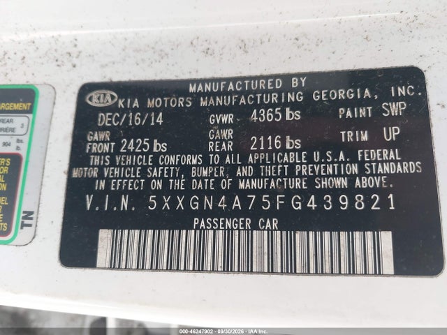 46247902 :رقم المزاد ، 5XXGN4A75FG439821 vin ، 2015 Kia Optima Ex مزاد بيع