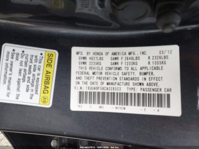 Продажа на аукционе авто 2012 Acura Tl 3.7, vin: 19UUA9F56CA009503, номер лота: 46247913