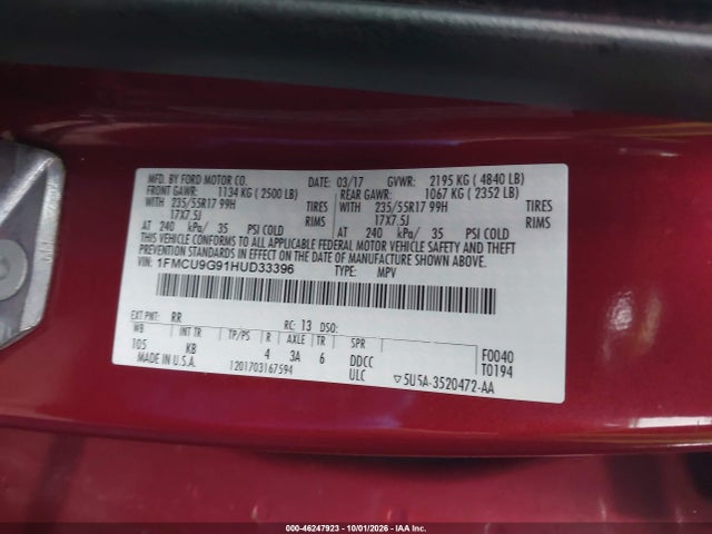 46247923 :رقم المزاد ، 1FMCU9G91HUD33396 vin ، 2017 Ford Escape Se مزاد بيع