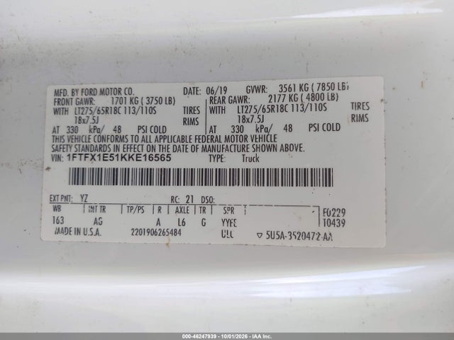 Aukcja sprzedaży 2019 Ford F-150 Xl, vin: 1FTFX1E51KKE16565, numer aukcji: 46247939