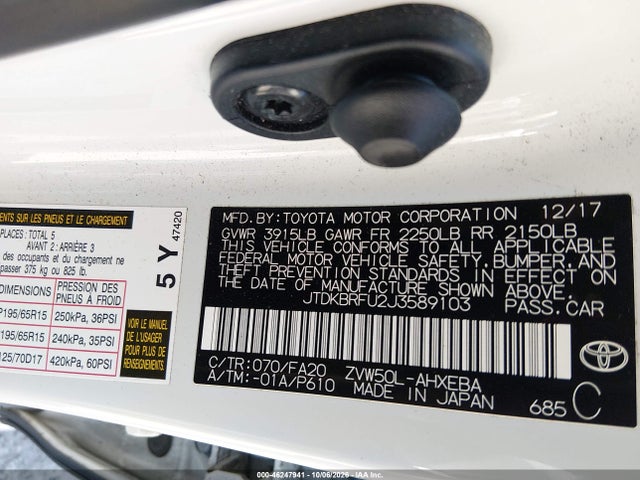 Продаж на аукціоні авто 2018 Toyota Prius Two, vin: JTDKBRFU2J3589103, номер лоту: 46247941