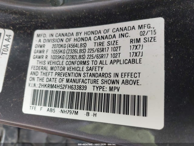 2015 Honda Cr-v Ex მანქანა იყიდება აუქციონზე, vin: 2HKRM4H52FH633839, აუქციონის ნომერი: 46247945