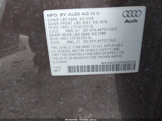 2011 Audi Q7 3.0t S Line Prestige მანქანა იყიდება აუქციონზე, vin: WA1DGAFE2BD003493, აუქციონის ნომერი: 46247946