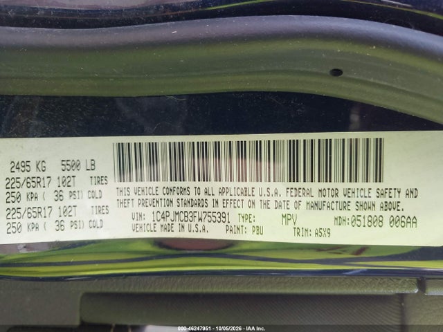 2015 Jeep Cherokee Latitude მანქანა იყიდება აუქციონზე, vin: 1C4PJMCB3FW755391, აუქციონის ნომერი: 46247951