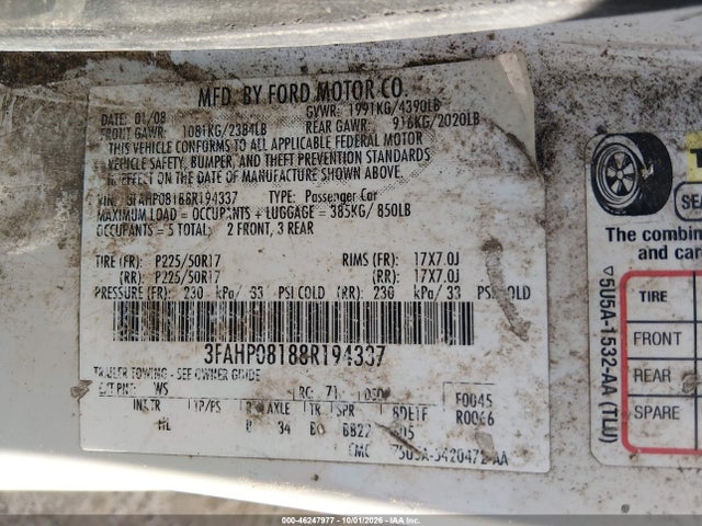 Продажа на аукционе авто 2008 Ford Fusion Sel, vin: 3FAHP08188R194337, номер лота: 46247977