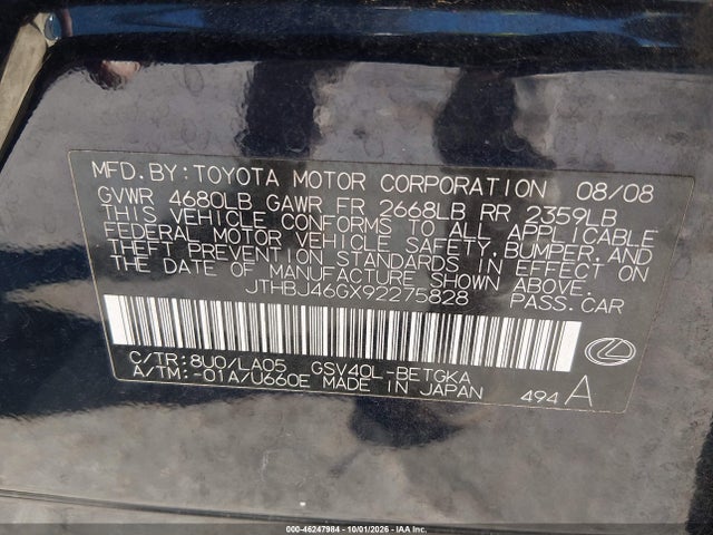 Aukcja sprzedaży 2009 Lexus Es 350, vin: JTHBJ46GX92275828, numer aukcji: 46247984
