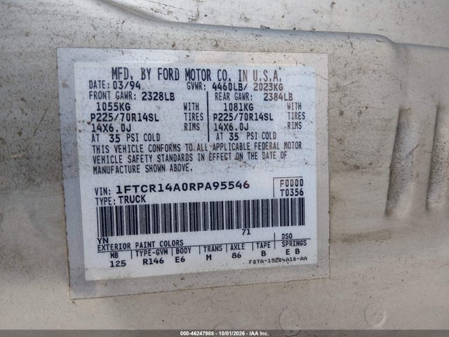 1994 Ford Ranger Super Cab მანქანა იყიდება აუქციონზე, vin: 1FTCR14A0RPA95546, აუქციონის ნომერი: 46247988