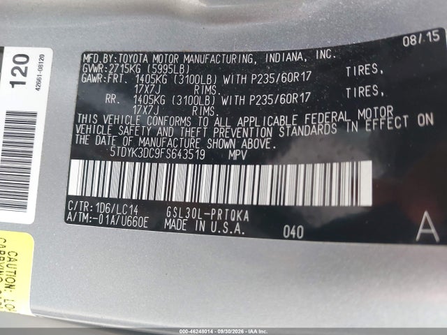 Toyota Sienna Xle 8 Passenger 2015 5TDYK3DC9FS643519 Image 9