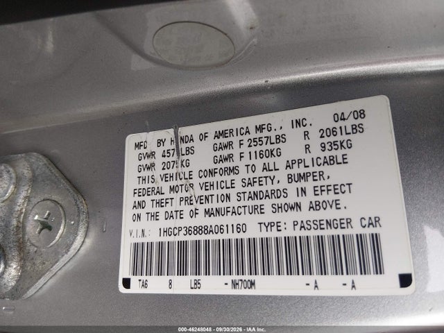 46248048 :رقم المزاد ، 1HGCP36888A061160 vin ، 2008 Honda Accord 3.5 Ex-l مزاد بيع