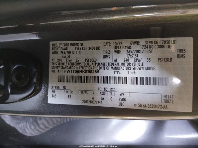 Продаж на аукціоні авто 2022 Ford F-150 Ssv, vin: 1FTFW1T56NKE98285, номер лоту: 46248052