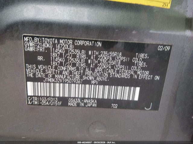 46248057 :رقم المزاد ، JTMBK32V195079367 vin ، 2009 Toyota Rav4 Sport V6 مزاد بيع