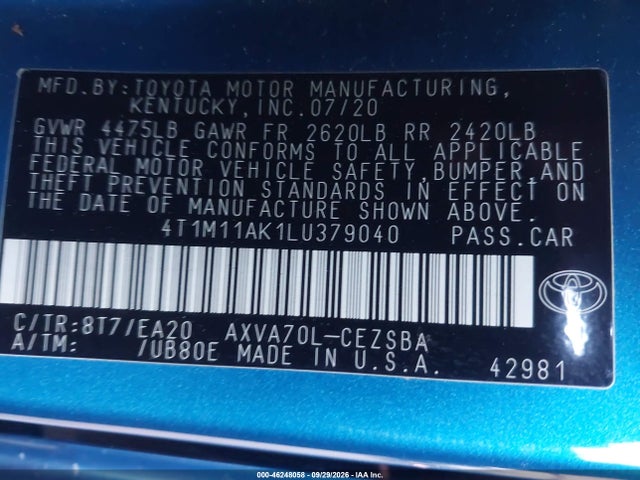 Продаж на аукціоні авто 2020 Toyota Camry Se, vin: 4T1M11AK1LU379040, номер лоту: 46248058