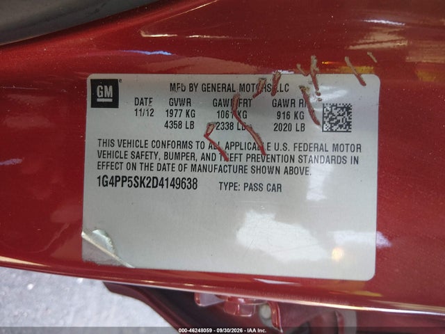 Auction sale of the 2013 Buick Verano, vin: 1G4PP5SK2D4149638, lot number: 46248059