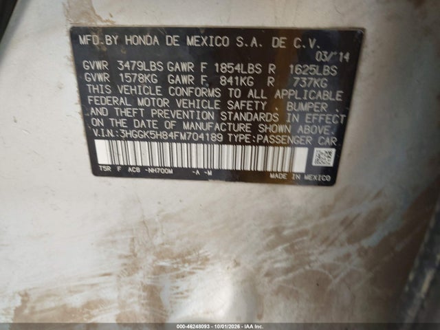 46248093 :رقم المزاد ، 3HGGK5H84FM704189 vin ، 2015 Honda Fit Ex/ex-l مزاد بيع