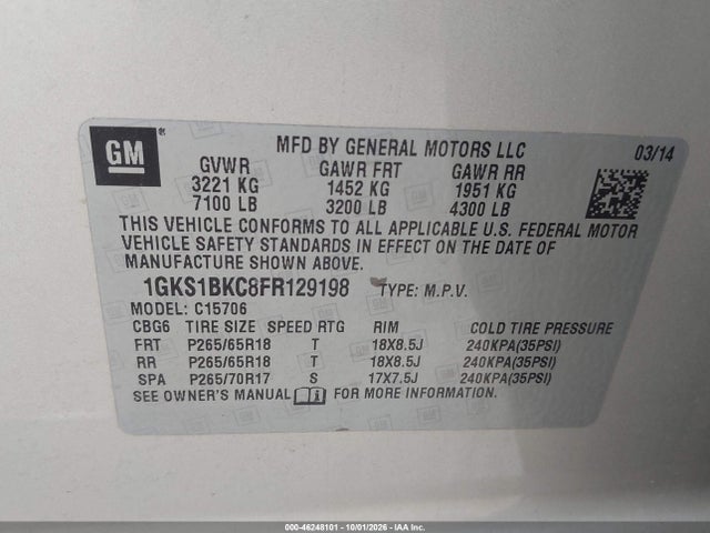 Aukcja sprzedaży 2015 Gmc Yukon Slt, vin: 1GKS1BKC8FR129198, numer aukcji: 46248101