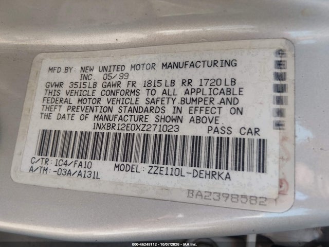46248112 :رقم المزاد ، 1NXBR12E0XZ271023 vin ، 1999 Toyota Corolla Ve مزاد بيع