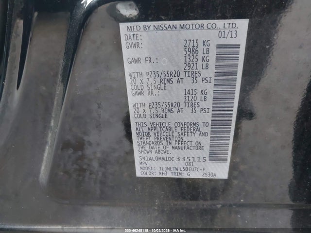 2013 Infiniti Jx35 მანქანა იყიდება აუქციონზე, vin: 5N1AL0MM1DC335115, აუქციონის ნომერი: 46248118