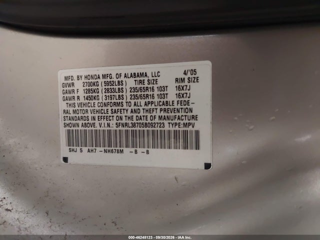 Aukcja sprzedaży 2005 Honda Odyssey Ex-l, vin: 5FNRL38705B092723, numer aukcji: 46248123