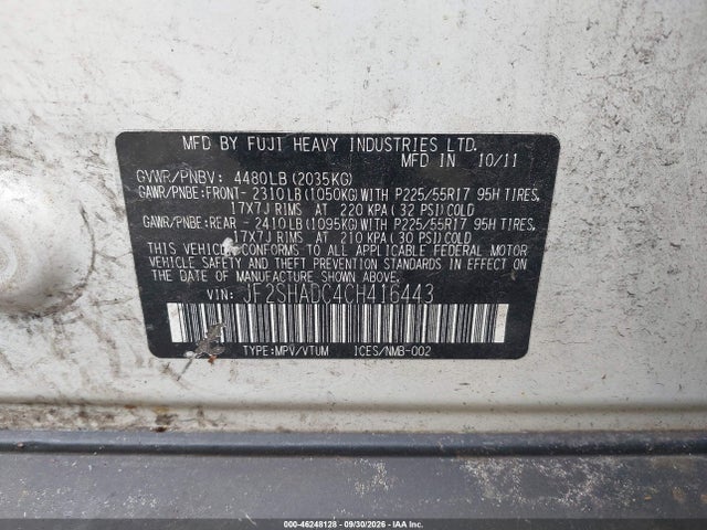 Aukcja sprzedaży 2012 Subaru Forester 2.5x Premium, vin: JF2SHADC4CH416443, numer aukcji: 46248128