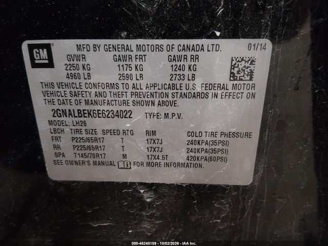 46248159 :رقم المزاد ، 2GNALBEK6E6234022 vin ، 2014 Chevrolet Equinox 1lt مزاد بيع