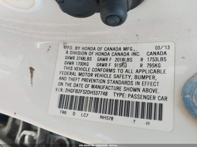 Продаж на аукціоні авто 2013 Honda Civic Lx, vin: 2HGFB2F52DH537748, номер лоту: 46248165