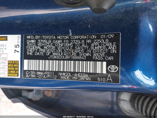 Продаж на аукціоні авто 2009 Toyota Prius, vin: JTDKB20U897888843, номер лоту: 46248177