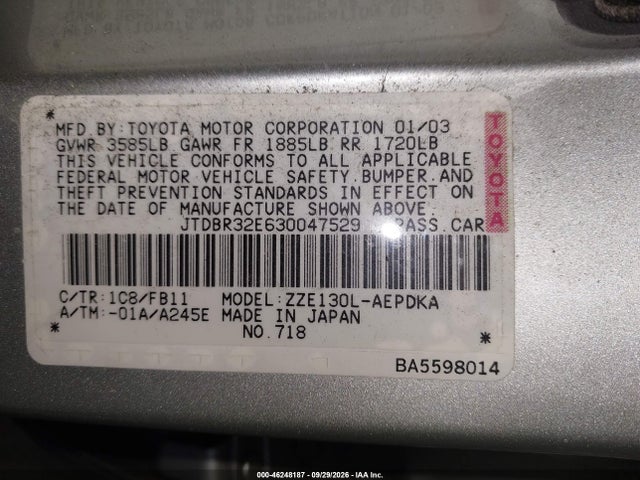 46248187 :رقم المزاد ، JTDBR32E630047529 vin ، 2003 Toyota Corolla Ce مزاد بيع
