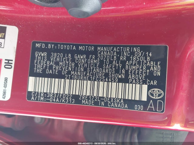 46248213 :رقم المزاد ، 2T1BURHE1FC254459 vin ، 2015 Toyota Corolla S Plus مزاد بيع