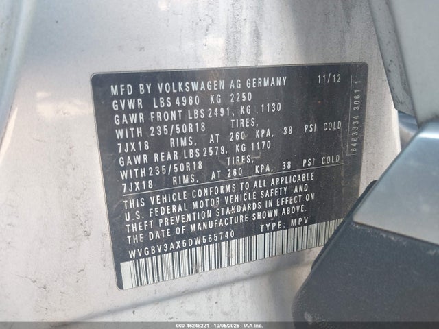 46248221 :رقم المزاد ، WVGBV3AX5DW565740 vin ، 2013 Volkswagen Tiguan Se مزاد بيع