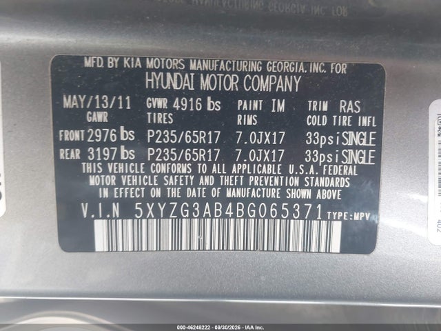 Продаж на аукціоні авто 2011 Hyundai Santa Fe Gls, vin: 5XYZG3AB4BG065371, номер лоту: 46248222