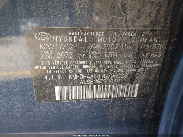 Продаж на аукціоні авто 2013 Hyundai Elantra Gls, vin: KMHDH4AE3DU706028, номер лоту: 46248233