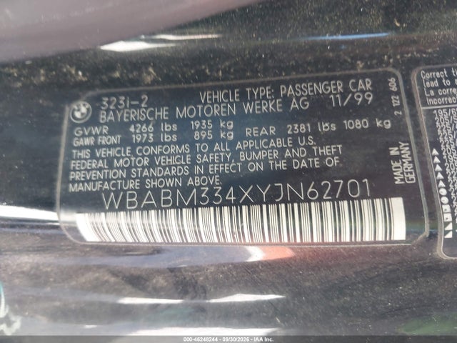 Aukcja sprzedaży 2000 Bmw 323ci, vin: WBABM334XYJN62701, numer aukcji: 46248244
