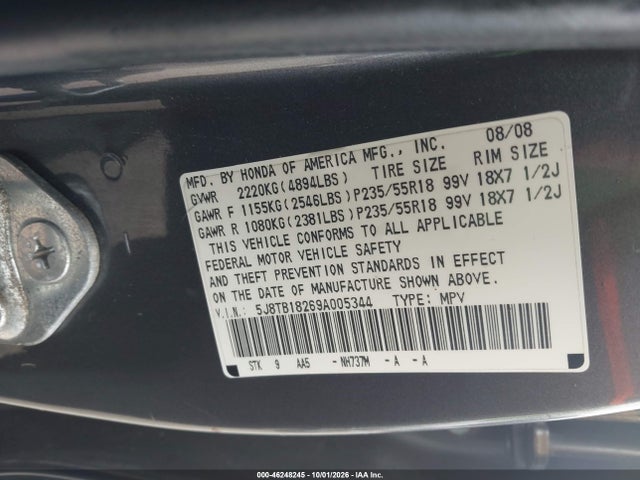 2009 Acura Rdx მანქანა იყიდება აუქციონზე, vin: 5J8TB18269A005344, აუქციონის ნომერი: 46248245