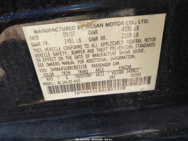 2008 Nissan Maxima 3.5 Se მანქანა იყიდება აუქციონზე, vin: 1N4BA41E88C803338, აუქციონის ნომერი: 46248250