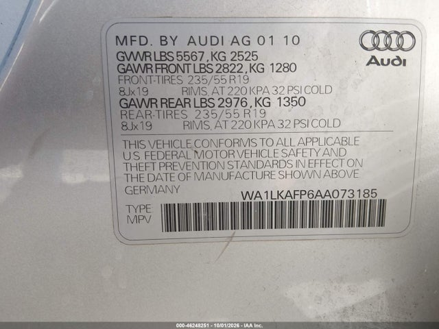 Продаж на аукціоні авто 2010 Audi Q5 3.2 Premium, vin: WA1LKAFP6AA073185, номер лоту: 46248251