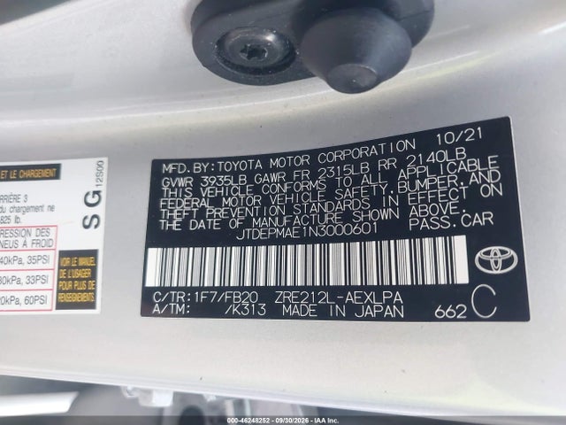 Aukcja sprzedaży 2022 Toyota Corolla Le, vin: JTDEPMAE1N3000601, numer aukcji: 46248252