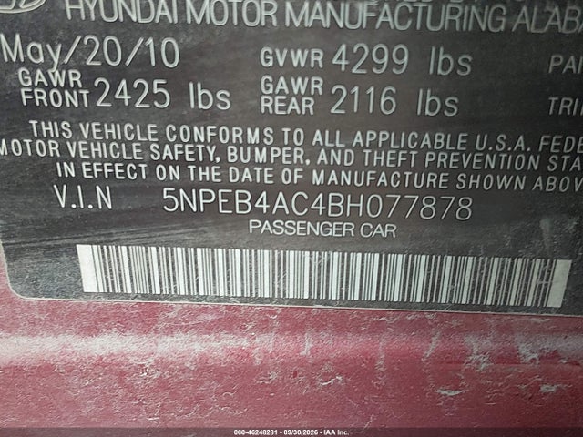 2011 Hyundai Sonata Gls მანქანა იყიდება აუქციონზე, vin: 5NPEB4AC4BH077878, აუქციონის ნომერი: 46248281
