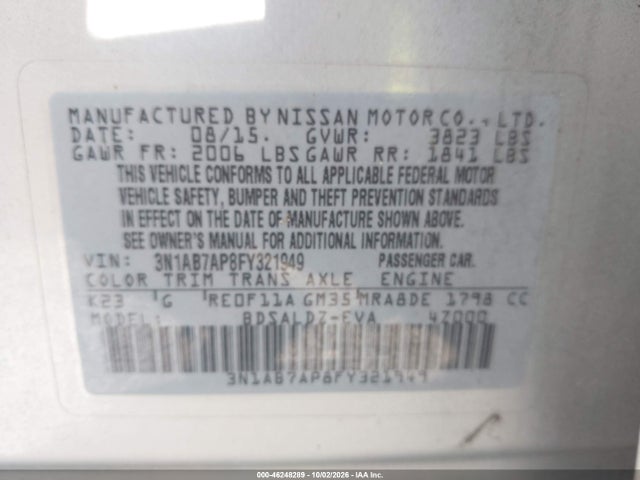 46248289 :رقم المزاد ، 3N1AB7AP8FY321949 vin ، 2015 Nissan Sentra Sv مزاد بيع