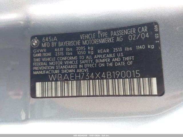 Продажа на аукционе авто 2004 Bmw 645ci, vin: WBAEH734X4B190015, номер лота: 46248305