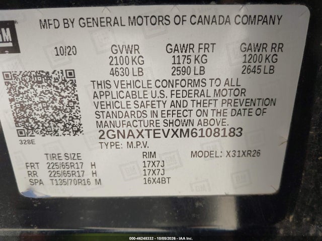 Продажа на аукционе авто 2021 Chevrolet Equinox Awd 2fl, vin: 2GNAXTEVXM6108183, номер лота: 46248332