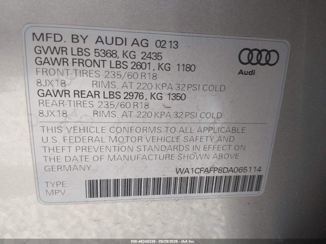 46248339 :رقم المزاد ، WA1CFAFP8DA065114 vin ، 2013 Audi Q5 2.0t Premium مزاد بيع