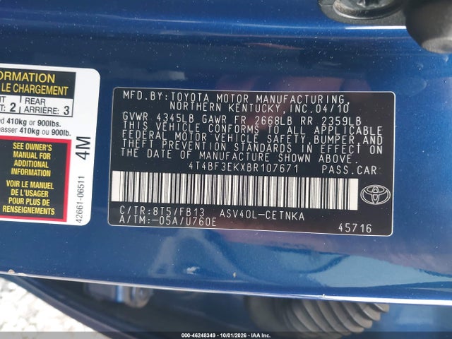 46248349 :رقم المزاد ، 4T4BF3EKXBR107671 vin ، 2011 Toyota Camry Le مزاد بيع