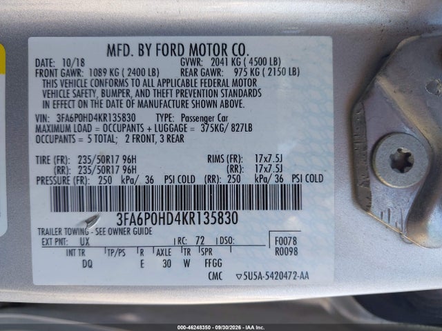46248350 :رقم المزاد ، 3FA6P0HD4KR135830 vin ، 2019 Ford Fusion Se مزاد بيع