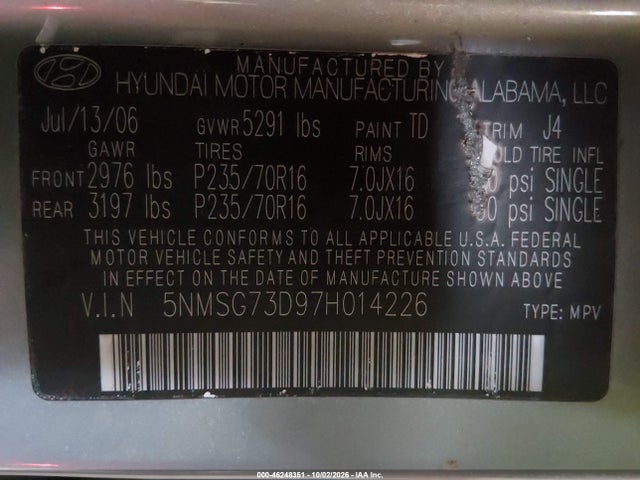 Продаж на аукціоні авто 2007 Hyundai Santa Fe Gls, vin: 5NMSG73D97H014226, номер лоту: 46248351