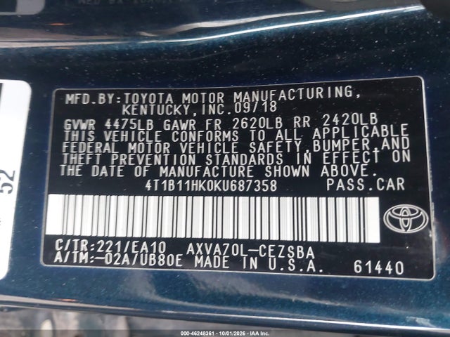 Aukcja sprzedaży 2019 Toyota Camry Se, vin: 4T1B11HK0KU687358, numer aukcji: 46248361
