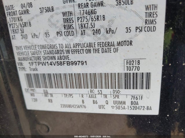 2008 Ford F-150 Fx4 მანქანა იყიდება აუქციონზე, vin: 1FTPW14V58FB99791, აუქციონის ნომერი: 46248372