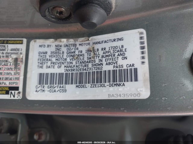 Aukcja sprzedaży 2004 Toyota Corolla Le, vin: 1NXBR32E94Z317262, numer aukcji: 46248385