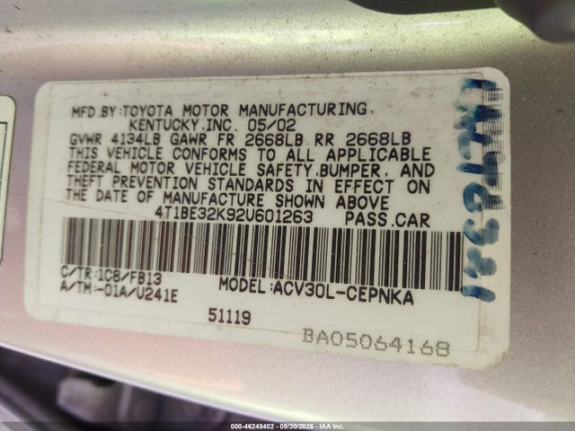 Продаж на аукціоні авто 2002 Toyota Camry Le, vin: 4T1BE32K92U601263, номер лоту: 46248402
