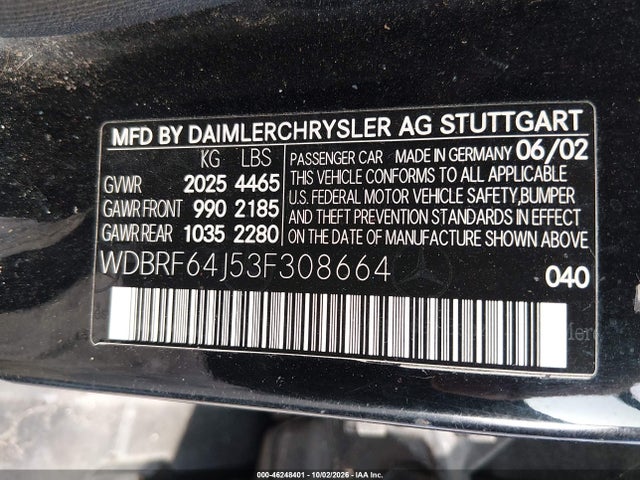 46248401 :رقم المزاد ، WDBRF64J53F308664 vin ، 2003 Mercedes-benz C 320 Sport مزاد بيع